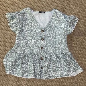 green floral/dotted print flare top